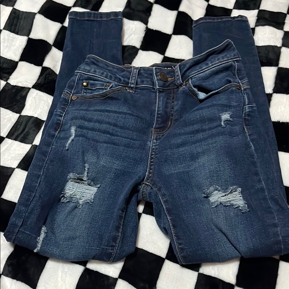 Blue Skinny Distressed Jeans with Faded Details